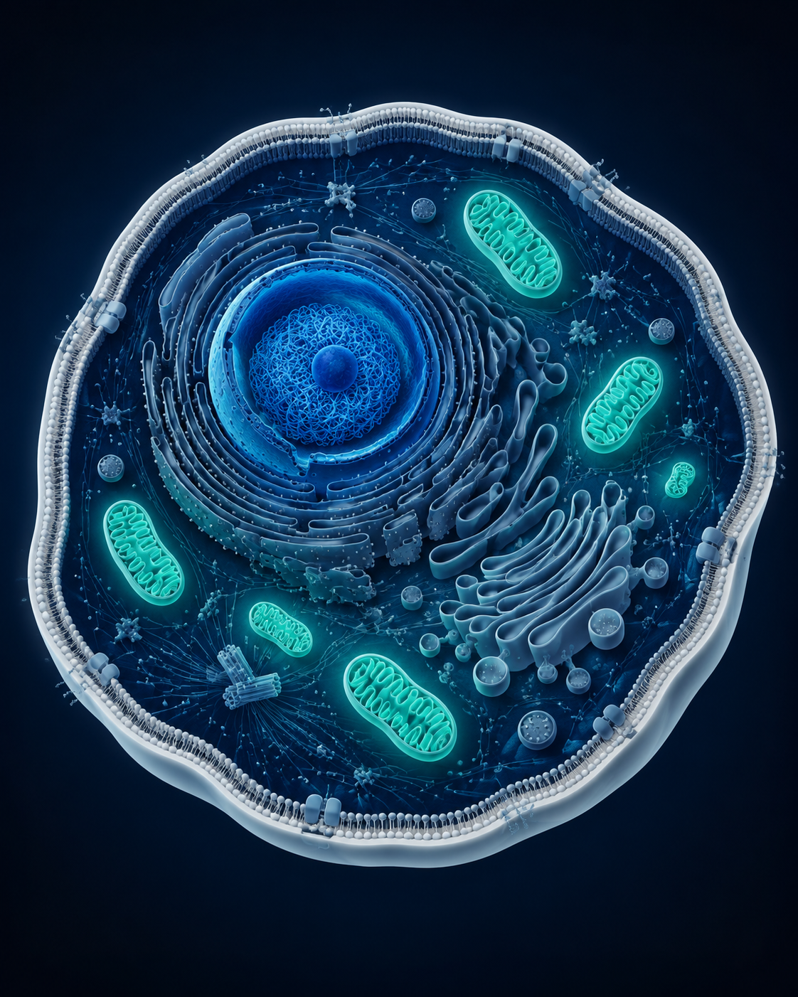 Eukaryotic cell cross-section with mitochondria highlighted — recognition stage illustration