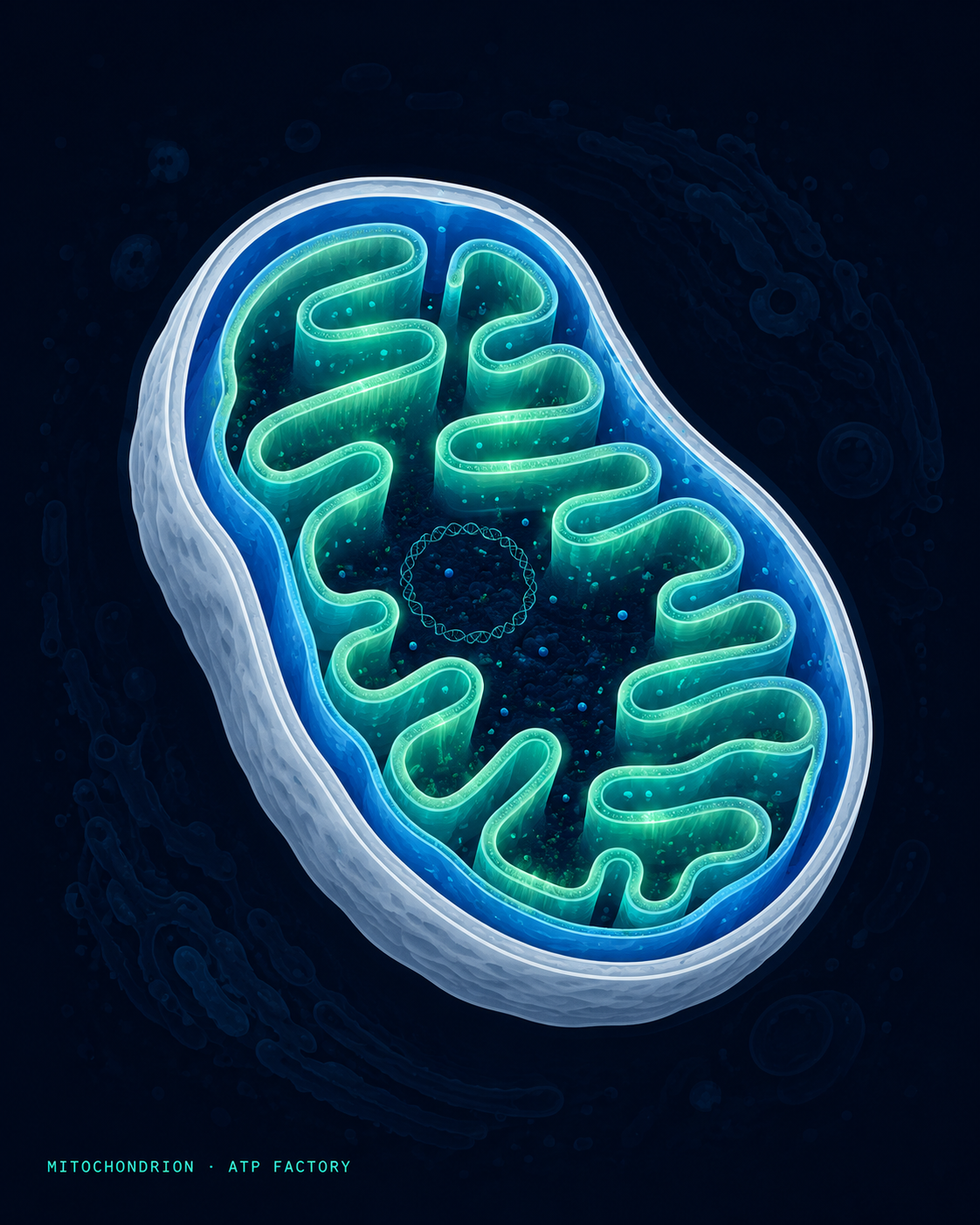 Mitochondrion cross-section with bioluminescent cristae — energy stage illustration