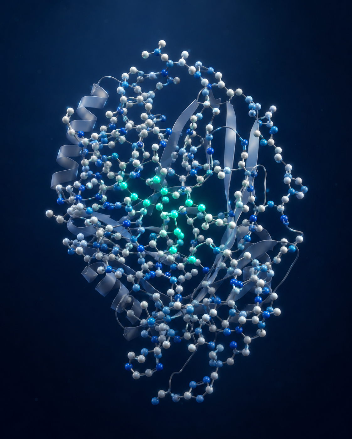 Enzyme molecule, ball-and-stick 3D rendering with bioluminescent active site — Citozeatec scientific illustration