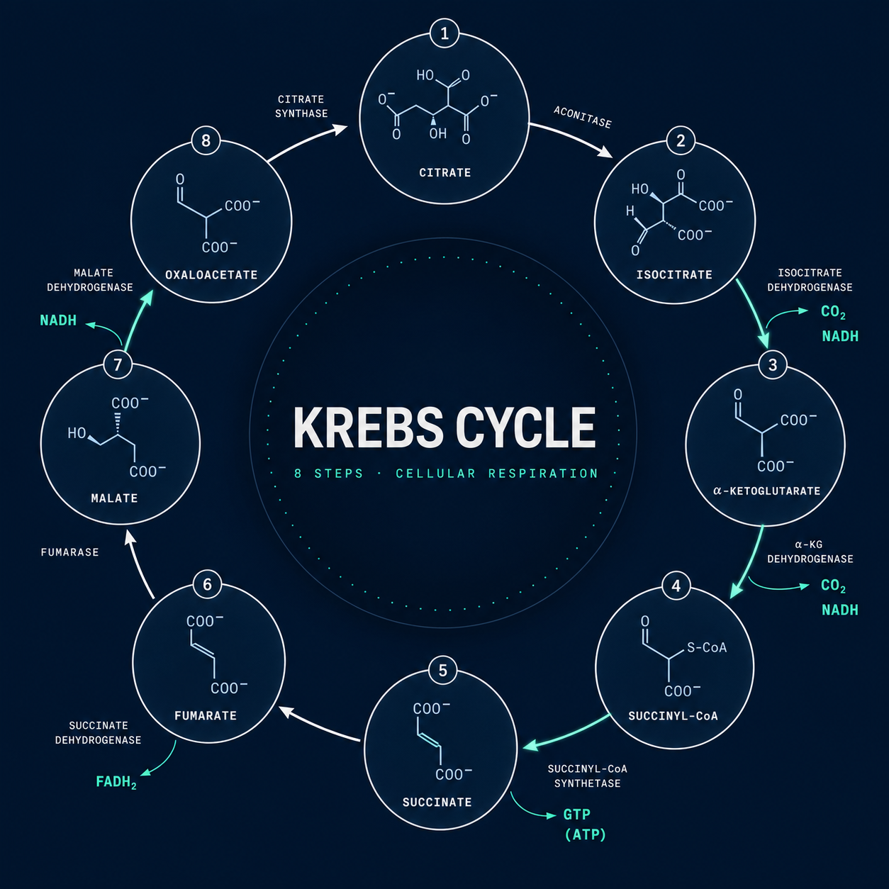 Krebs cycle diagram, eight-step metabolic sequence — conversion stage illustration