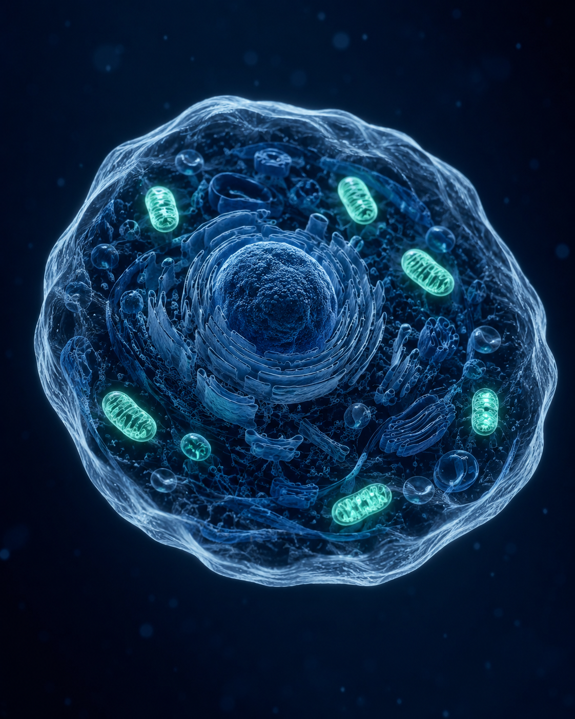 Eukaryotic cell cross-section with bioluminescent mitochondria — Citozeatec scientific illustration